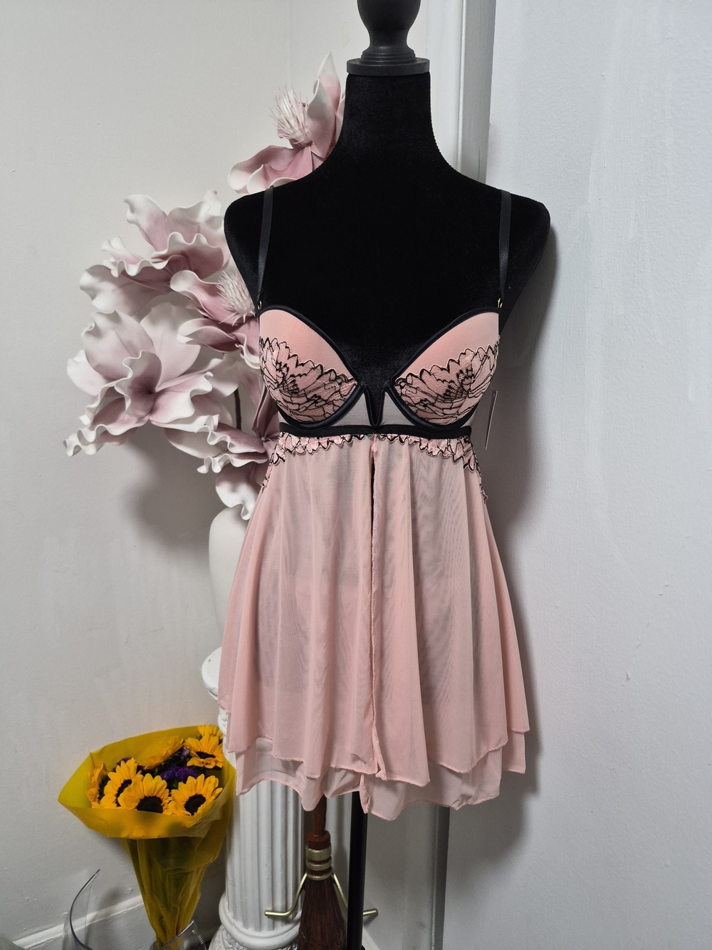 Auden Pink Chemise with Black Lace Trim